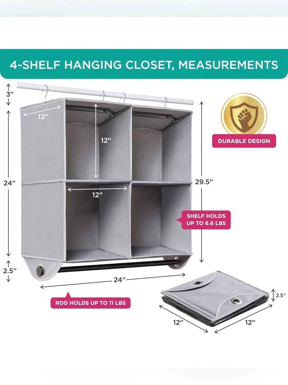 HOLDN Storage Hanging Closet Organizer 4 Shelf Garment Rod Gray